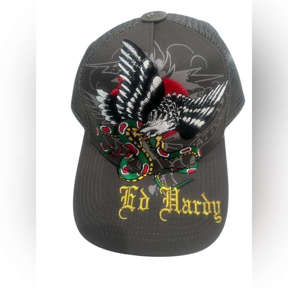 Ed Hardy Eagle Snake Snapback Trucker Hat Vintage Grey One Size NWT‎